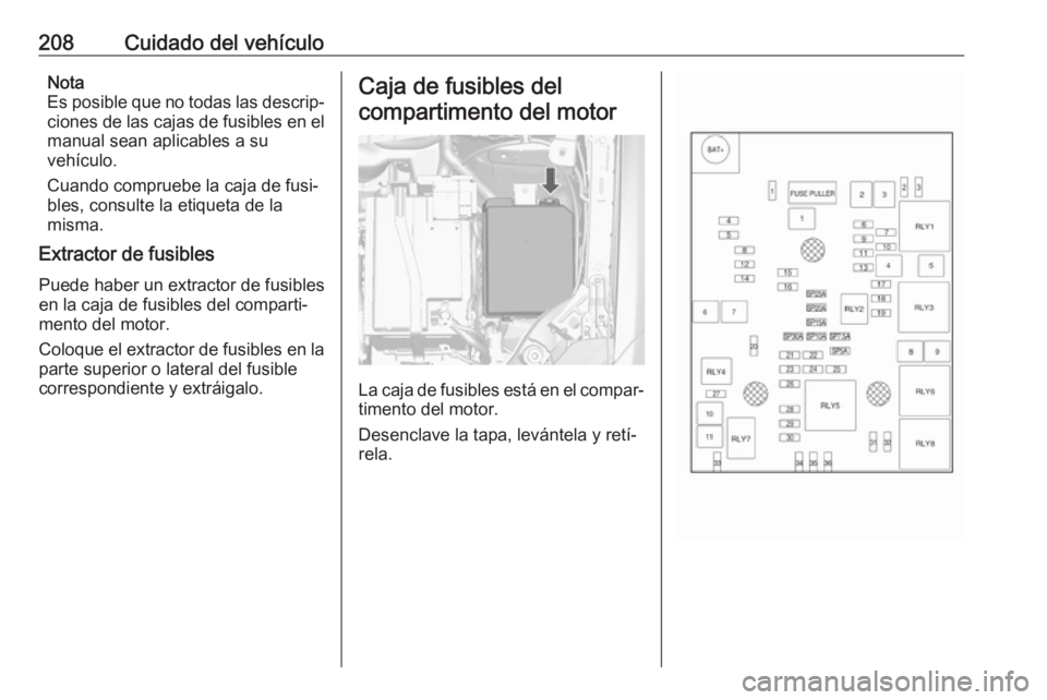 OPEL MOKKA X 2019 Manual de Instrucciones (in Spanish) 208Cuidado del vehículoNota
Es posible que no todas las descrip‐
ciones de las cajas de fusibles en el
manual sean aplicables a su
vehículo.
Cuando compruebe la caja de fusi‐ bles, consulte la e OPEL MOKKA X 2019 Manual de Instrucciones (in Spanish) 208Cuidado del vehículoNota
Es posible que no todas las descrip‐
ciones de las cajas de fusibles en el
manual sean aplicables a su
vehículo.
Cuando compruebe la caja de fusi‐ bles, consulte la e