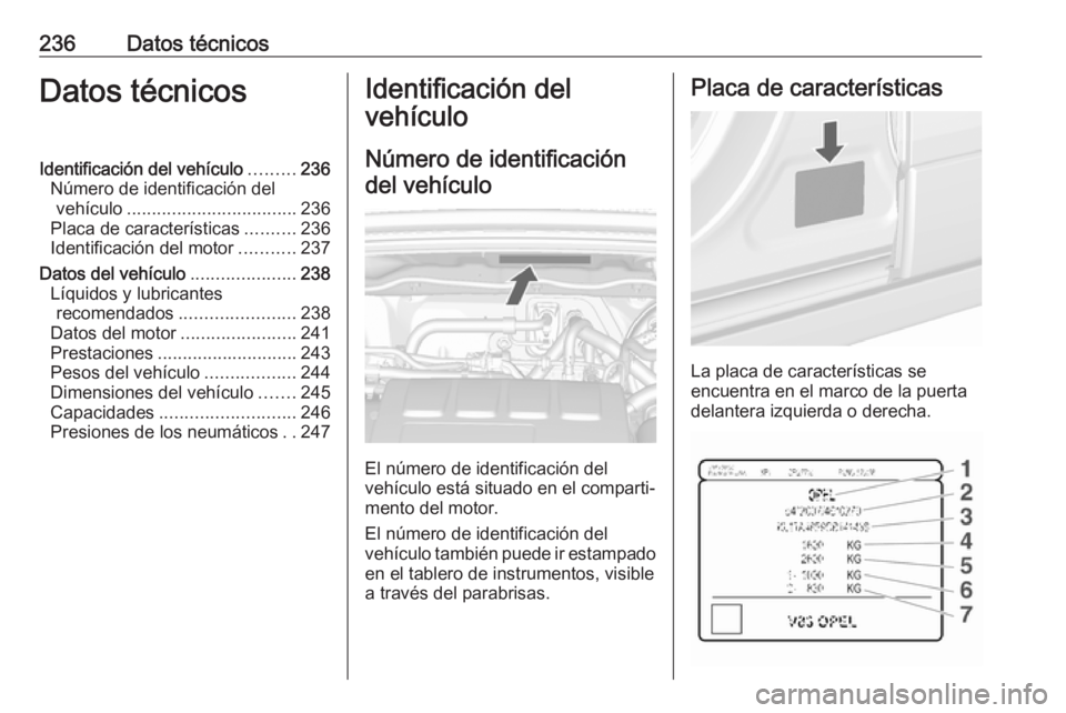 OPEL MOKKA X 2019.5 Manual de Instrucciones (in Spanish) 236Datos técnicosDatos técnicosIdentificación del vehículo.........236
Número de identificación del vehículo .................................. 236
Placa de características ..........236
Ident OPEL MOKKA X 2019.5 Manual de Instrucciones (in Spanish) 236Datos técnicosDatos técnicosIdentificación del vehículo.........236
Número de identificación del vehículo .................................. 236
Placa de características ..........236
Ident