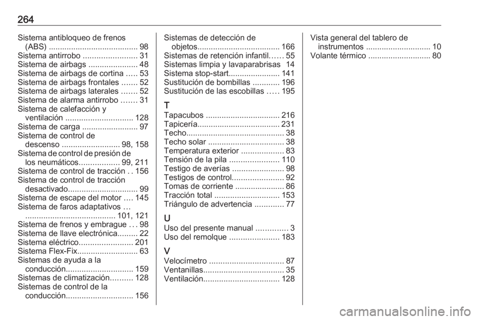 OPEL MOKKA X 2019.5  Manual de Instrucciones (in Spanish) 264Sistema antibloqueo de frenos(ABS) ........................................ 98
Sistema antirrobo  ........................31
Sistema de airbags  ......................48
Sistema de airbags de corti