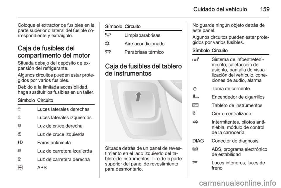 OPEL MOVANO_B 2014 Manual de Instrucciones (in Spanish) Cuidado del vehículo159
Coloque el extractor de fusibles en la
parte superior o lateral del fusible co‐
rrespondiente y extráigalo.
Caja de fusibles del
compartimento del motor
Situada debajo del OPEL MOVANO_B 2014 Manual de Instrucciones (in Spanish) Cuidado del vehículo159
Coloque el extractor de fusibles en la
parte superior o lateral del fusible co‐
rrespondiente y extráigalo.
Caja de fusibles del
compartimento del motor
Situada debajo del