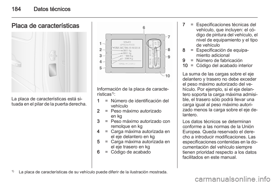 OPEL MOVANO_B 2014 Manual de Instrucciones (in Spanish) 184Datos técnicosPlaca de características
La placa de características está si‐
tuada en el pilar de la puerta derecha.
Información de la placa de caracte‐
rísticas 1)
:
1=Número de identifi OPEL MOVANO_B 2014 Manual de Instrucciones (in Spanish) 184Datos técnicosPlaca de características
La placa de características está si‐
tuada en el pilar de la puerta derecha.
Información de la placa de caracte‐
rísticas 1)
:
1=Número de identifi