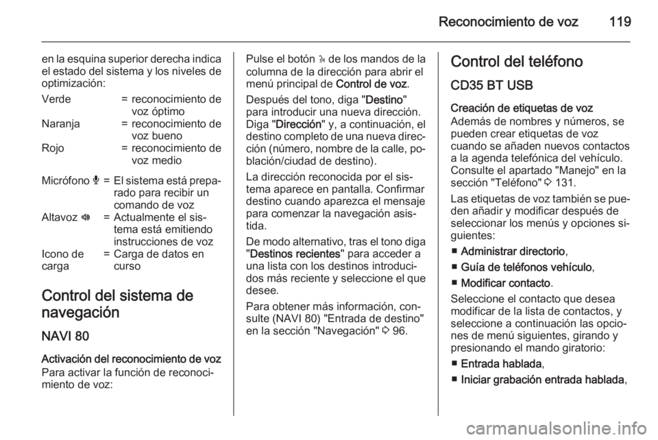 OPEL VIVARO B 2015.5  Manual de infoentretenimiento (in Spanish) Reconocimiento de voz119
en la esquina superior derecha indica
el estado del sistema y los niveles de optimización:Verde=reconocimiento de
voz óptimoNaranja=reconocimiento de
voz buenoRojo=reconocim