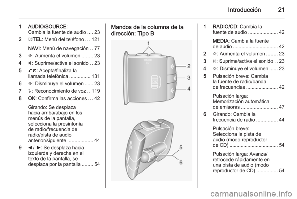 OPEL VIVARO B 2015.5  Manual de infoentretenimiento (in Spanish) Introducción21
1 AUDIO/SOURCE:
Cambia la fuente de audio ....23
2 6TEL : Menú del teléfono ...121
NAVI : Menú de navegación ..77
3 !: Aumenta el volumen ........23
4 @: Suprime/activa el sonido .