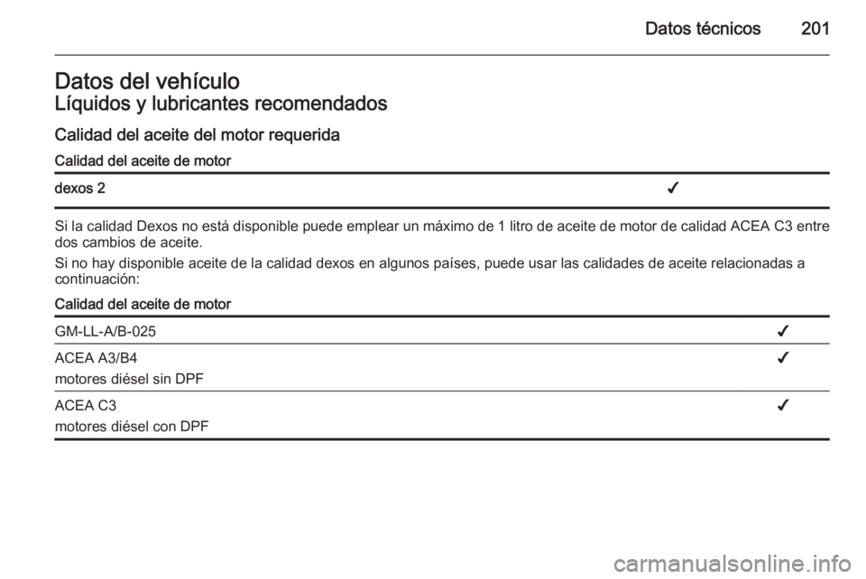 OPEL MOVANO_B 2015.5 Manual de Instrucciones (in Spanish) Datos técnicos201Datos del vehículoLíquidos y lubricantes recomendados
Calidad del aceite del motor requeridaCalidad del aceite de motordexos 2✔
Si la calidad Dexos no está disponible puede empl OPEL MOVANO_B 2015.5 Manual de Instrucciones (in Spanish) Datos técnicos201Datos del vehículoLíquidos y lubricantes recomendados
Calidad del aceite del motor requeridaCalidad del aceite de motordexos 2✔
Si la calidad Dexos no está disponible puede empl