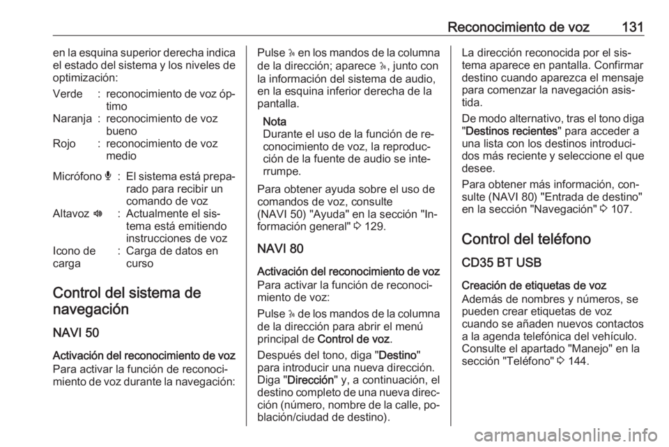 OPEL VIVARO B 2016  Manual de infoentretenimiento (in Spanish) Reconocimiento de voz131en la esquina superior derecha indica
el estado del sistema y los niveles de optimización:Verde:reconocimiento de voz óp‐
timoNaranja:reconocimiento de voz
buenoRojo:recono
