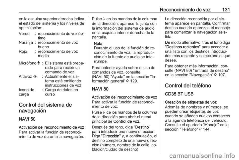 OPEL VIVARO B 2016 Manual de infoentretenimiento (in Spanish) Reconocimiento de voz131en la esquina superior derecha indica
el estado del sistema y los niveles de optimización:Verde:reconocimiento de voz óp‐
timoNaranja:reconocimiento de voz
buenoRojo:recono OPEL VIVARO B 2016 Manual de infoentretenimiento (in Spanish) Reconocimiento de voz131en la esquina superior derecha indica
el estado del sistema y los niveles de optimización:Verde:reconocimiento de voz óp‐
timoNaranja:reconocimiento de voz
buenoRojo:recono