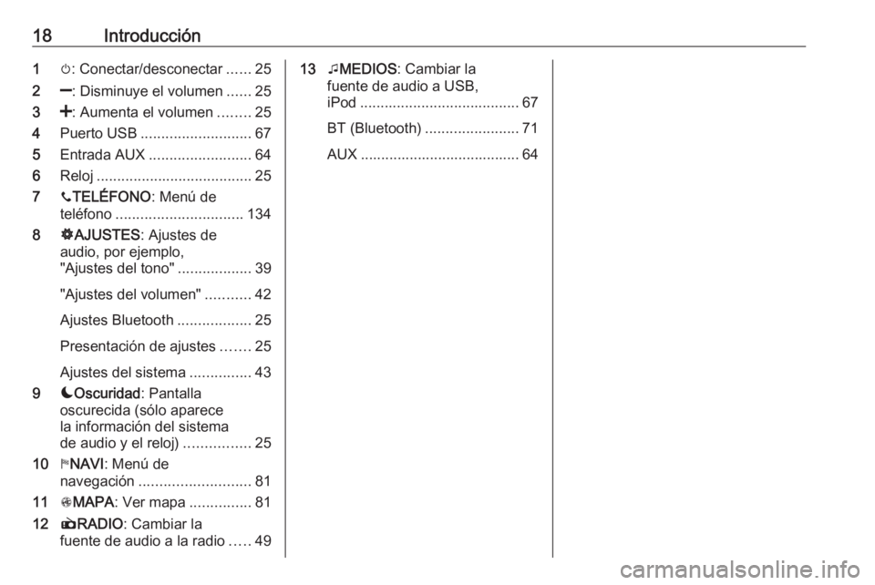 OPEL VIVARO B 2016  Manual de infoentretenimiento (in Spanish) 18Introducción1m: Conectar/desconectar ......25
2 ]: Disminuye el volumen ......25
3 <: Aumenta el volumen ........25
4 Puerto USB ........................... 67
5 Entrada AUX .......................