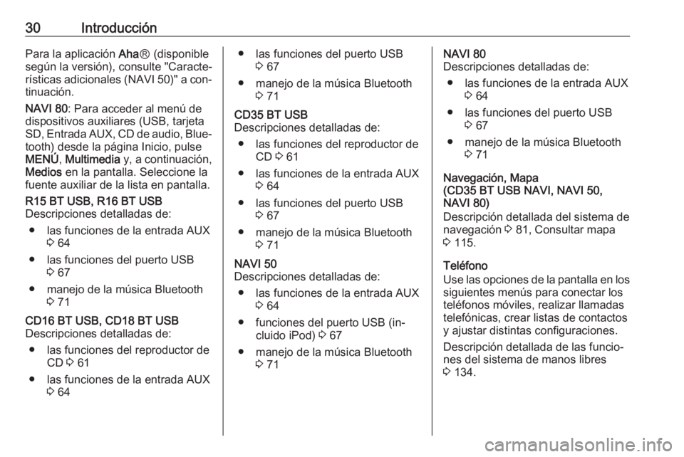 OPEL VIVARO B 2016  Manual de infoentretenimiento (in Spanish) 30IntroducciónPara la aplicación AhaⓇ (disponible
según la versión), consulte "Caracte‐
rísticas adicionales (NAVI 50)" a con‐
tinuación.
NAVI 80 : Para acceder al menú de
disposi