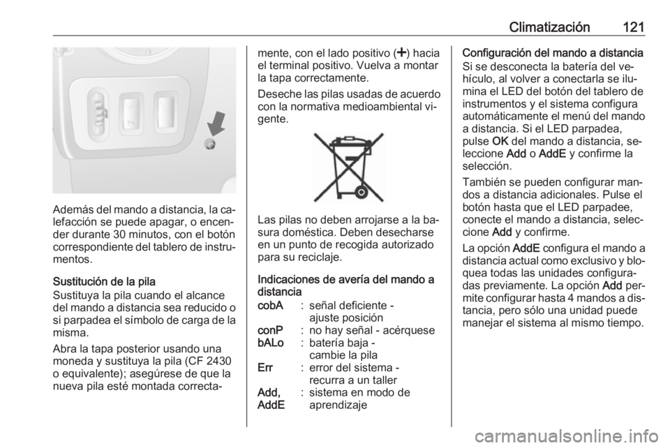 OPEL MOVANO_B 2016 Manual de Instrucciones (in Spanish) Climatización121
Además del mando a distancia, la ca‐lefacción se puede apagar, o encen‐
der durante 30 minutos, con el botón
correspondiente del tablero de instru‐
mentos.
Sustitución de l OPEL MOVANO_B 2016 Manual de Instrucciones (in Spanish) Climatización121
Además del mando a distancia, la ca‐lefacción se puede apagar, o encen‐
der durante 30 minutos, con el botón
correspondiente del tablero de instru‐
mentos.
Sustitución de l