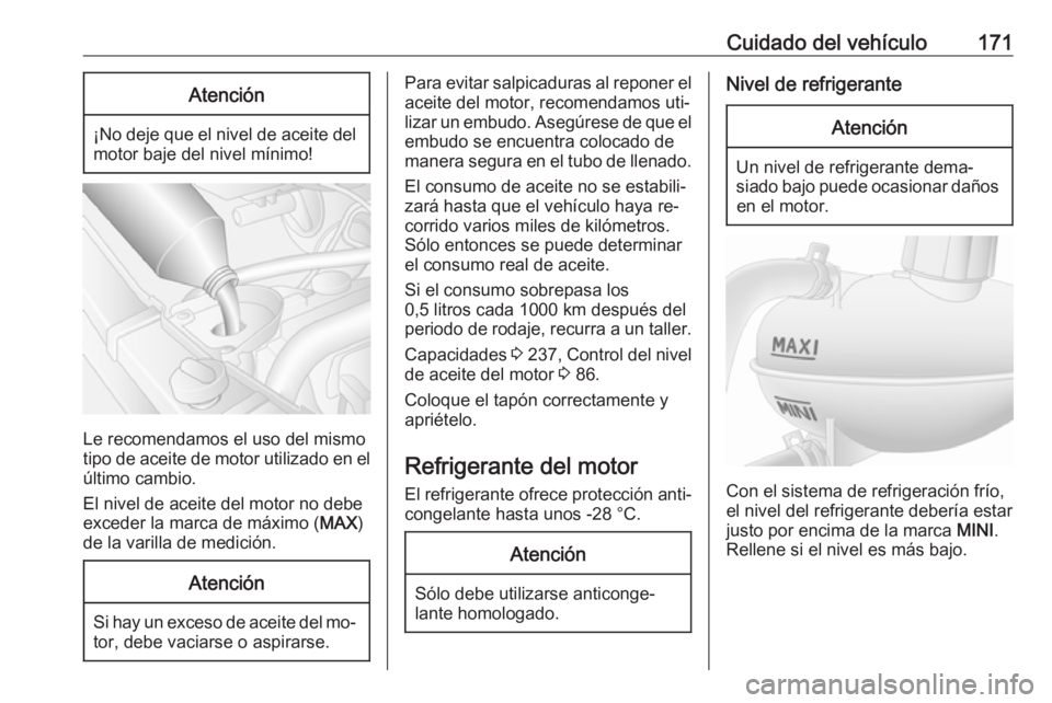OPEL MOVANO_B 2016 Manual de Instrucciones (in Spanish) Cuidado del vehículo171Atención
¡No deje que el nivel de aceite delmotor baje del nivel mínimo!
Le recomendamos el uso del mismo
tipo de aceite de motor utilizado en el
último cambio.
El nivel de OPEL MOVANO_B 2016 Manual de Instrucciones (in Spanish) Cuidado del vehículo171Atención
¡No deje que el nivel de aceite delmotor baje del nivel mínimo!
Le recomendamos el uso del mismo
tipo de aceite de motor utilizado en el
último cambio.
El nivel de