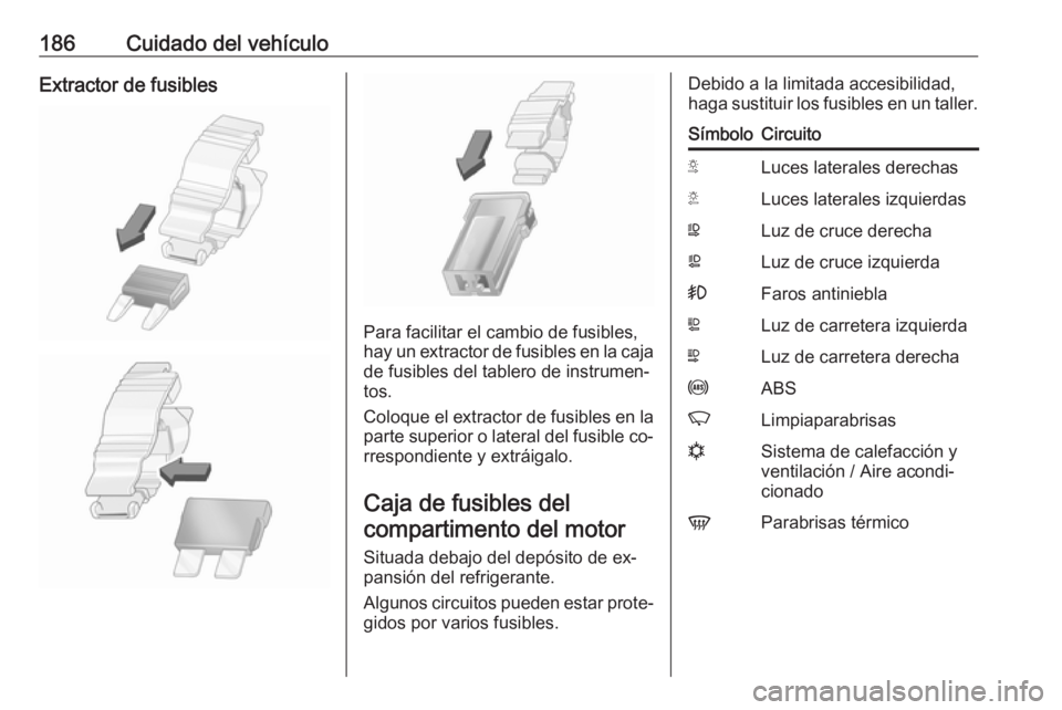 OPEL MOVANO_B 2016 Manual de Instrucciones (in Spanish) 186Cuidado del vehículoExtractor de fusibles
Para facilitar el cambio de fusibles,
hay un extractor de fusibles en la caja de fusibles del tablero de instrumen‐
tos.
Coloque el extractor de fusible OPEL MOVANO_B 2016 Manual de Instrucciones (in Spanish) 186Cuidado del vehículoExtractor de fusibles
Para facilitar el cambio de fusibles,
hay un extractor de fusibles en la caja de fusibles del tablero de instrumen‐
tos.
Coloque el extractor de fusible