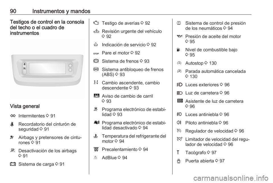OPEL MOVANO_B 2016 Manual de Instrucciones (in Spanish) 90Instrumentos y mandosTestigos de control en la consola
del techo o el cuadro de
instrumentos
Vista general
OIntermitentes 3 91XRecordatorio del cinturón de
seguridad 3 91vAirbags y pretensores de OPEL MOVANO_B 2016 Manual de Instrucciones (in Spanish) 90Instrumentos y mandosTestigos de control en la consola
del techo o el cuadro de
instrumentos
Vista general
OIntermitentes 3 91XRecordatorio del cinturón de
seguridad 3 91vAirbags y pretensores de