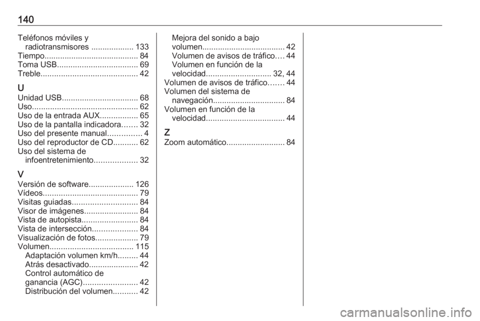 OPEL VIVARO B 2016.5  Manual de infoentretenimiento (in Spanish) 140Teléfonos móviles yradiotransmisores ................... 133
Tiempo.......................................... 84
Toma USB .................................... 69
Treble ..........................