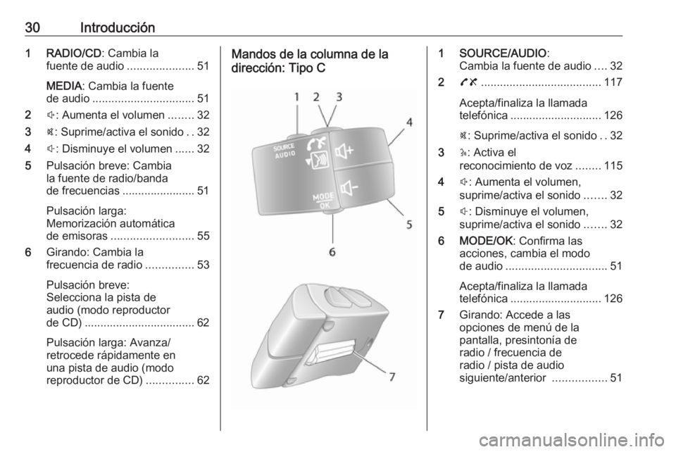 OPEL MOVANO_B 2016.5  Manual de infoentretenimiento (in Spanish) 30Introducción1 RADIO/CD: Cambia la
fuente de audio .....................51
MEDIA : Cambia la fuente
de audio ................................ 51
2 !: Aumenta el volumen ........32
3 @: Suprime/activ