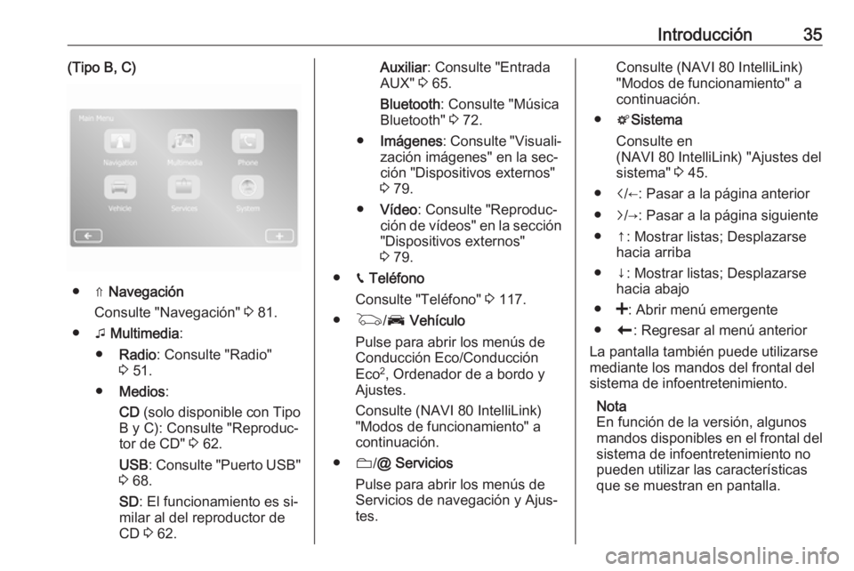 OPEL MOVANO_B 2016.5  Manual de infoentretenimiento (in Spanish) Introducción35(Tipo B, C)
● ⇑ Navegación
Consulte "Navegación"  3 81.
● t Multimedia :
● Radio : Consulte "Radio"
3  51.
● Medios :
CD  (solo disponible con Tipo
B y C): C
