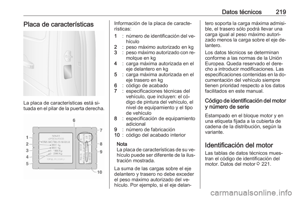 OPEL MOVANO_B 2016.5 Manual de Instrucciones (in Spanish) Datos técnicos219Placa de características
La placa de características está si‐
tuada en el pilar de la puerta derecha.
Información de la placa de caracte‐
rísticas:1:número de identificaci OPEL MOVANO_B 2016.5 Manual de Instrucciones (in Spanish) Datos técnicos219Placa de características
La placa de características está si‐
tuada en el pilar de la puerta derecha.
Información de la placa de caracte‐
rísticas:1:número de identificaci