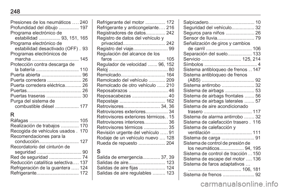 OPEL MOVANO_B 2016.5 Manual de Instrucciones (in Spanish) 248Presiones de los neumáticos ....240
Profundidad del dibujo ...............197
Programa electrónico de estabilidad ................93, 151, 165
Programa electrónico de estabilidad desactivado ( OPEL MOVANO_B 2016.5 Manual de Instrucciones (in Spanish) 248Presiones de los neumáticos ....240
Profundidad del dibujo ...............197
Programa electrónico de estabilidad ................93, 151, 165
Programa electrónico de estabilidad desactivado (