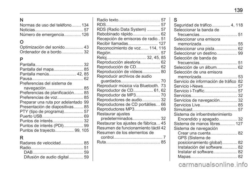 OPEL MOVANO_B 2017.5 Manual de infoentretenimiento (in Spanish) 139NNormas de uso del teléfono .......134
Noticias ......................................... 57
Número de emergencia ..............126
O
Optimización del sonido ...............43
Ordenador de a bor OPEL MOVANO_B 2017.5 Manual de infoentretenimiento (in Spanish) 139NNormas de uso del teléfono .......134
Noticias ......................................... 57
Número de emergencia ..............126
O
Optimización del sonido ...............43
Ordenador de a bor
