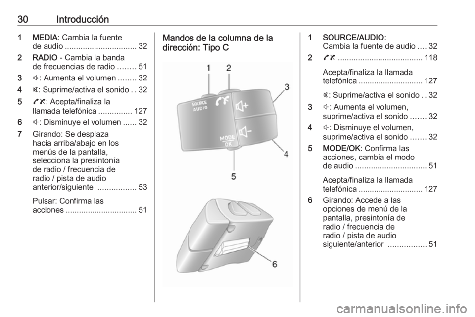 OPEL MOVANO_B 2017.5  Manual de infoentretenimiento (in Spanish) 30Introducción1 MEDIA: Cambia la fuente
de audio ................................ 32
2 RADIO  - Cambia la banda
de frecuencias de radio ........51
3 !: Aumenta el volumen ........32
4 @: Suprime/acti