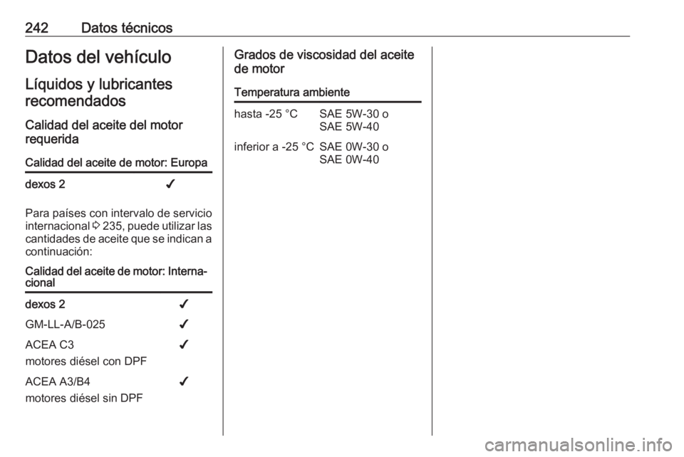 OPEL MOVANO_B 2017.5  Manual de Instrucciones (in Spanish) 242Datos técnicosDatos del vehículoLíquidos y lubricantes recomendados
Calidad del aceite del motor
requeridaCalidad del aceite de motor: Europadexos 2✔
Para países con intervalo de servicio
int