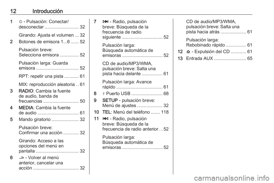 OPEL MOVANO_B 2018  Manual de infoentretenimiento (in Spanish) 12Introducción1m - Pulsación: Conectar/
desconectar .......................... 32
Girando: Ajusta el volumen ...32
2 Botones de emisora 1...6 ......52
Pulsación breve:
Selecciona emisora ..........