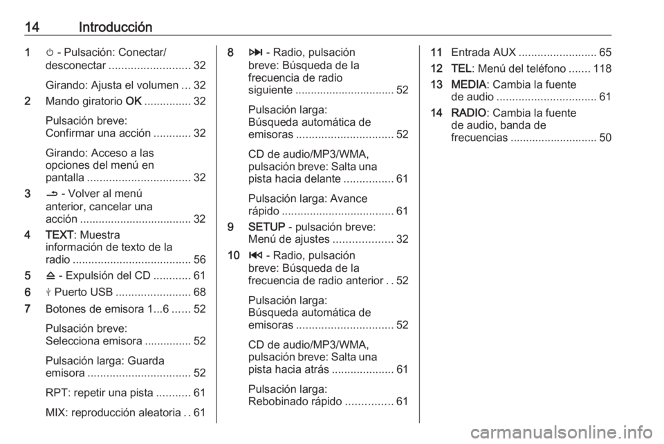 OPEL MOVANO_B 2018  Manual de infoentretenimiento (in Spanish) 14Introducción1m - Pulsación: Conectar/
desconectar .......................... 32
Girando: Ajusta el volumen ...32
2 Mando giratorio  OK............... 32
Pulsación breve:
Confirmar una acción ...