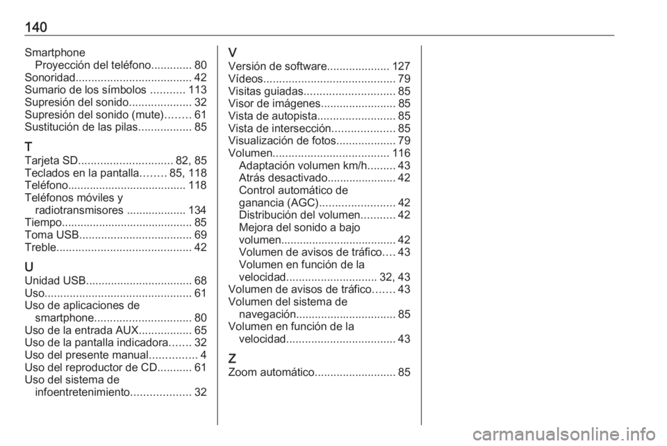 OPEL MOVANO_B 2018 Manual de infoentretenimiento (in Spanish) 140SmartphoneProyección del teléfono .............80
Sonoridad ..................................... 42
Sumario de los símbolos ...........113
Supresión del sonido ....................32
Supresi OPEL MOVANO_B 2018 Manual de infoentretenimiento (in Spanish) 140SmartphoneProyección del teléfono .............80
Sonoridad ..................................... 42
Sumario de los símbolos ...........113
Supresión del sonido ....................32
Supresi