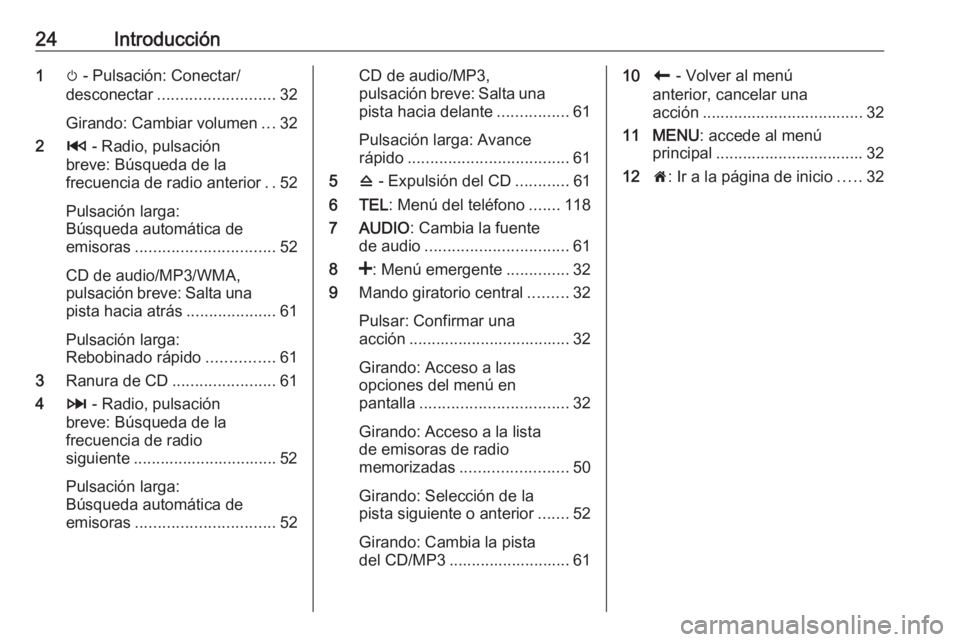 OPEL MOVANO_B 2018  Manual de infoentretenimiento (in Spanish) 24Introducción1m - Pulsación: Conectar/
desconectar .......................... 32
Girando: Cambiar volumen ...32
2 2 - Radio, pulsación
breve: Búsqueda de la
frecuencia de radio anterior ..52
Puls