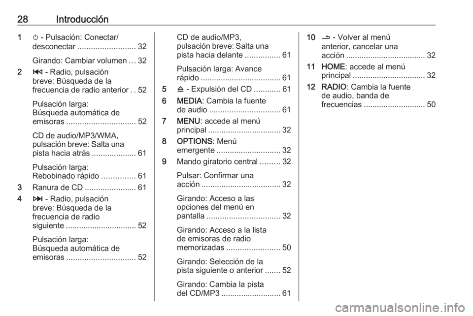 OPEL MOVANO_B 2018  Manual de infoentretenimiento (in Spanish) 28Introducción1m - Pulsación: Conectar/
desconectar .......................... 32
Girando: Cambiar volumen ...32
2 2 - Radio, pulsación
breve: Búsqueda de la
frecuencia de radio anterior ..52
Puls