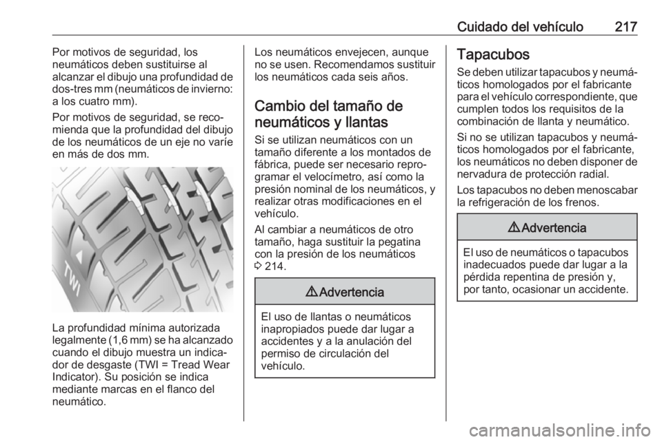OPEL MOVANO_B 2018  Manual de Instrucciones (in Spanish) Cuidado del vehículo217Por motivos de seguridad, los
neumáticos deben sustituirse al
alcanzar el dibujo una profundidad de
dos- tres mm (neumáticos de invierno:
a los cuatro mm).
Por motivos de seg