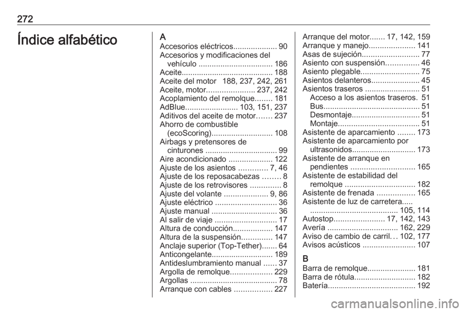 OPEL MOVANO_B 2018  Manual de Instrucciones (in Spanish) 272Índice alfabéticoAAccesorios eléctricos ....................90
Accesorios y modificaciones del vehículo  .................................. 186
Aceite.......................................... 