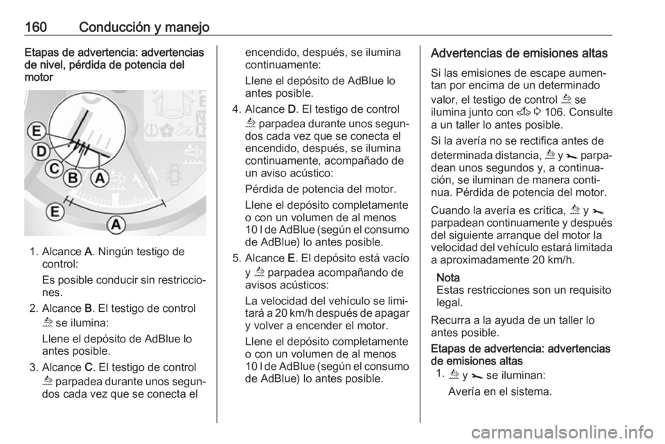 OPEL MOVANO_B 2018.5  Manual de Instrucciones (in Spanish) 160Conducción y manejoEtapas de advertencia: advertencias
de nivel, pérdida de potencia del
motor
1. Alcance  A. Ningún testigo de
control:
Es posible conducir sin restriccio‐ nes.
2. Alcance  B.