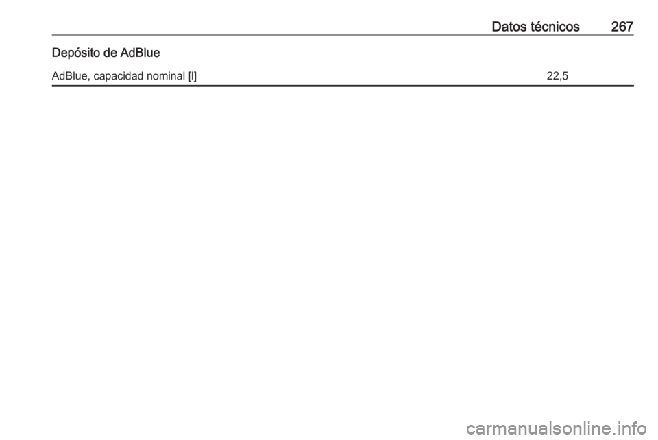 OPEL MOVANO_B 2018.5  Manual de Instrucciones (in Spanish) Datos técnicos267Depósito de AdBlueAdBlue, capacidad nominal [l]22,5 