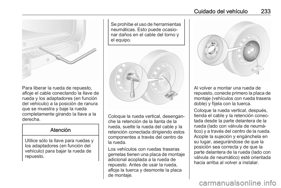 OPEL MOVANO_B 2019  Manual de Instrucciones (in Spanish) Cuidado del vehículo233
Para liberar la rueda de repuesto,
afloje el cable conectando la llave de
rueda y los adaptadores (en función
del vehículo) a la posición de ranura
que se muestra y baje la