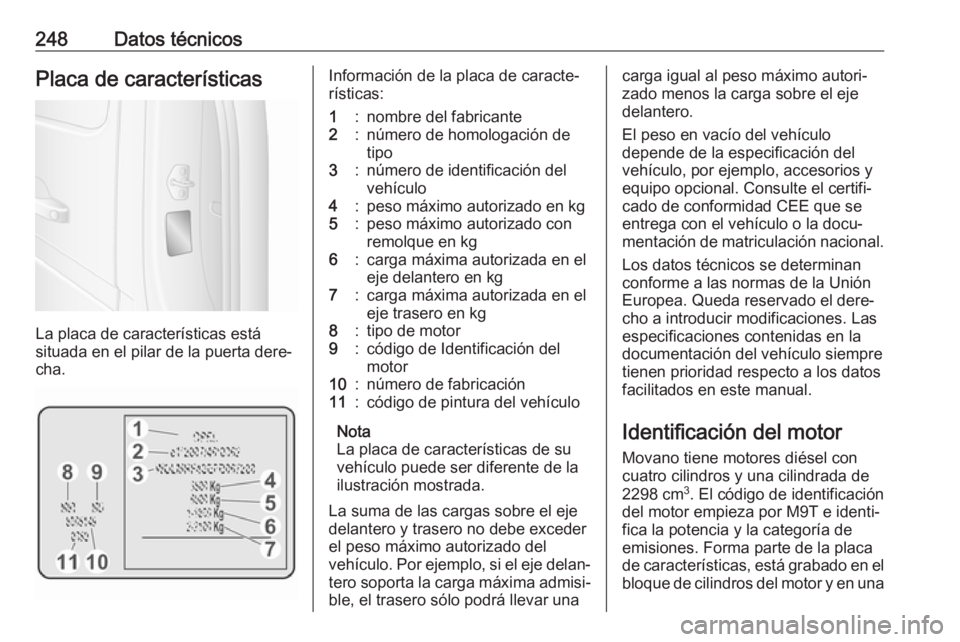 OPEL MOVANO_B 2019  Manual de Instrucciones (in Spanish) 248Datos técnicosPlaca de características
La placa de características está
situada en el pilar de la puerta dere‐
cha.
Información de la placa de caracte‐
rísticas:1:nombre del fabricante2:n