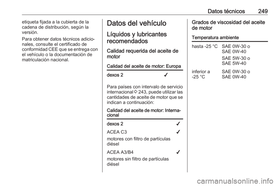 OPEL MOVANO_B 2019  Manual de Instrucciones (in Spanish) Datos técnicos249etiqueta fijada a la cubierta de la
cadena de distribución, según la
versión.
Para obtener datos técnicos adicio‐
nales, consulte el certificado de
conformidad CEE que se entre