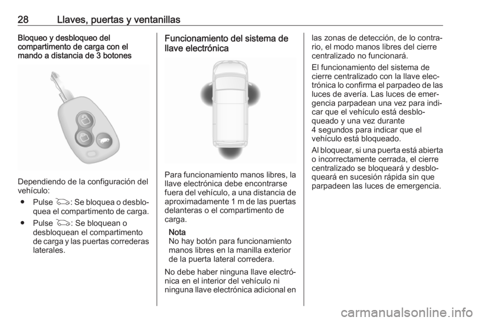 OPEL MOVANO_B 2019  Manual de Instrucciones (in Spanish) 28Llaves, puertas y ventanillasBloqueo y desbloqueo del
compartimento de carga con el
mando a distancia de 3 botones
Dependiendo de la configuración del
vehículo:
● Pulse  G: Se bloquea o desblo�