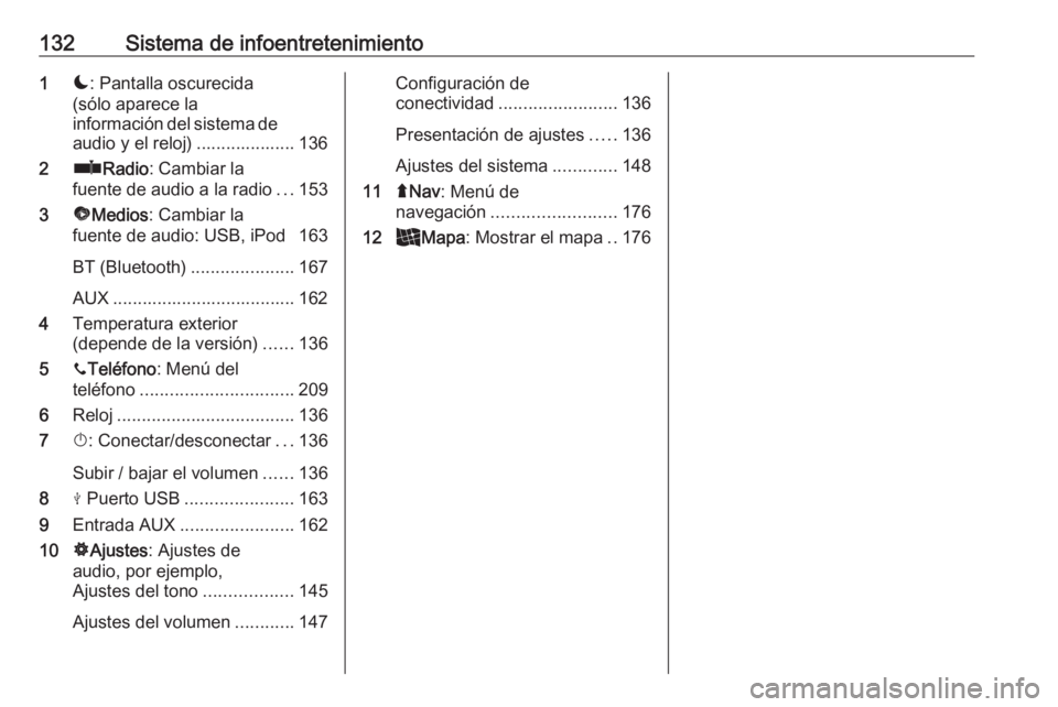 OPEL MOVANO_B 2020  Manual de Instrucciones (in Spanish) 132Sistema de infoentretenimiento1æ: Pantalla oscurecida
(sólo aparece la
información del sistema de
audio y el reloj) .................... 136
2 ñRadio : Cambiar la
fuente de audio a la radio ...