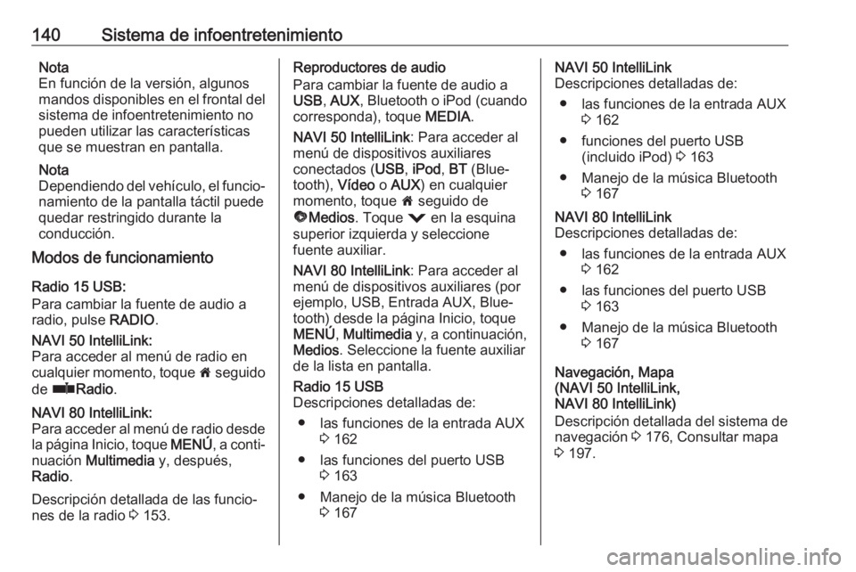 OPEL MOVANO_B 2020 Manual de Instrucciones (in Spanish) 140Sistema de infoentretenimientoNota
En función de la versión, algunos
mandos disponibles en el frontal del sistema de infoentretenimiento nopueden utilizar las características
que se muestran en OPEL MOVANO_B 2020 Manual de Instrucciones (in Spanish) 140Sistema de infoentretenimientoNota
En función de la versión, algunos
mandos disponibles en el frontal del sistema de infoentretenimiento nopueden utilizar las características
que se muestran en