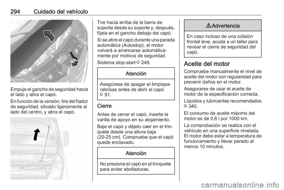 OPEL MOVANO_B 2020  Manual de Instrucciones (in Spanish) 294Cuidado del vehículo
Empuje el gancho de seguridad haciael lado y abra el capó.
En función de la versión, tire del fiador de seguridad, situado ligeramente al
lado del centro, y abra el capó.
