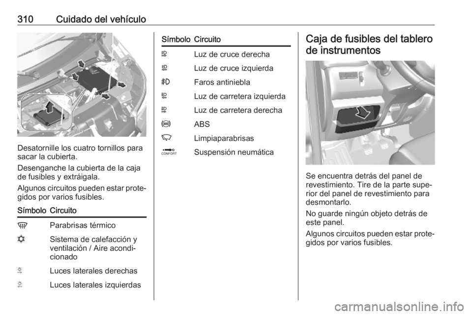 OPEL MOVANO_B 2020  Manual de Instrucciones (in Spanish) 310Cuidado del vehículo
Desatornille los cuatro tornillos para
sacar la cubierta.
Desenganche la cubierta de la caja
de fusibles y extráigala.
Algunos circuitos pueden estar prote‐
gidos por vario