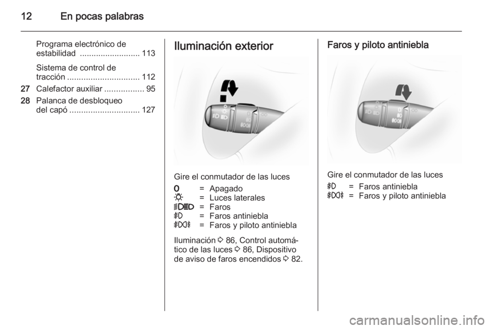 OPEL VIVARO 2014  Manual de Instrucciones (in Spanish) 12En pocas palabras
Programa electrónico de
estabilidad  .......................... 113
Sistema de control de
tracción ............................... 112
27 Calefactor auxiliar .................95
