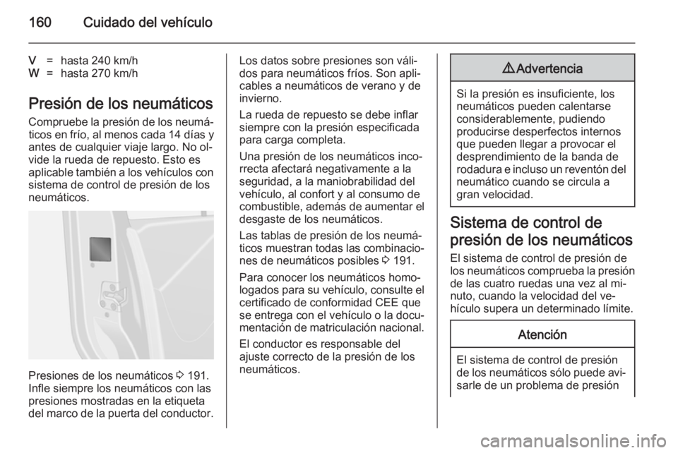 OPEL VIVARO B 2014.5 Manual de Instrucciones (in Spanish) 160Cuidado del vehículo
V=hasta 240 km/hW=hasta 270 km/h
Presión de los neumáticosCompruebe la presión de los neumá‐ticos en frío, al menos cada 14 días y
antes de cualquier viaje largo. No OPEL VIVARO B 2014.5 Manual de Instrucciones (in Spanish) 160Cuidado del vehículo
V=hasta 240 km/hW=hasta 270 km/h
Presión de los neumáticosCompruebe la presión de los neumá‐ticos en frío, al menos cada 14 días y
antes de cualquier viaje largo. No
