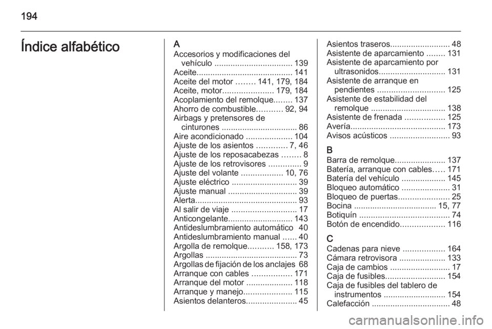 OPEL VIVARO B 2014.5 Manual de Instrucciones (in Spanish) 194Índice alfabéticoAAccesorios y modificaciones del vehículo .................................. 139
Aceite.......................................... 141
Aceite del motor ........141, 179, 184
Ac OPEL VIVARO B 2014.5 Manual de Instrucciones (in Spanish) 194Índice alfabéticoAAccesorios y modificaciones del vehículo .................................. 139
Aceite.......................................... 141
Aceite del motor ........141, 179, 184
Ac