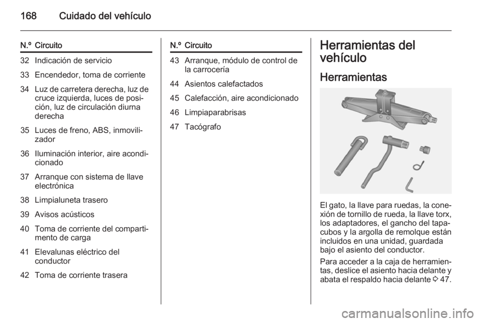 OPEL VIVARO B 2015.5  Manual de Instrucciones (in Spanish) 168Cuidado del vehículo
N.ºCircuito32Indicación de servicio33Encendedor, toma de corriente34Luz de carretera derecha, luz decruce izquierda, luces de posi‐
ción, luz de circulación diurna
derec