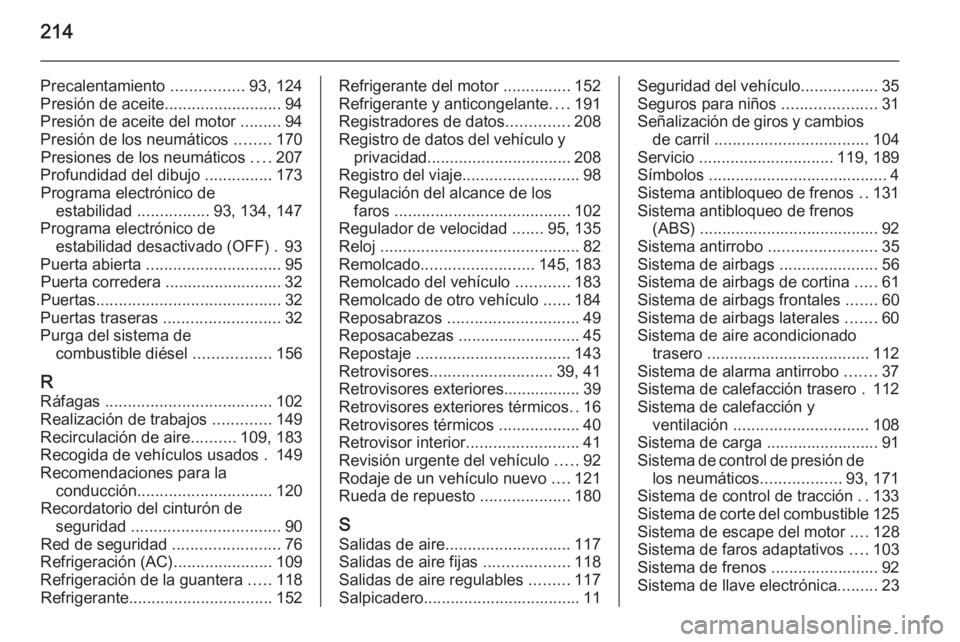 OPEL VIVARO B 2015.5  Manual de Instrucciones (in Spanish) 214
Precalentamiento ................93, 124
Presión de aceite ..........................94
Presión de aceite del motor  .........94
Presión de los neumáticos  ........170
Presiones de los neumát