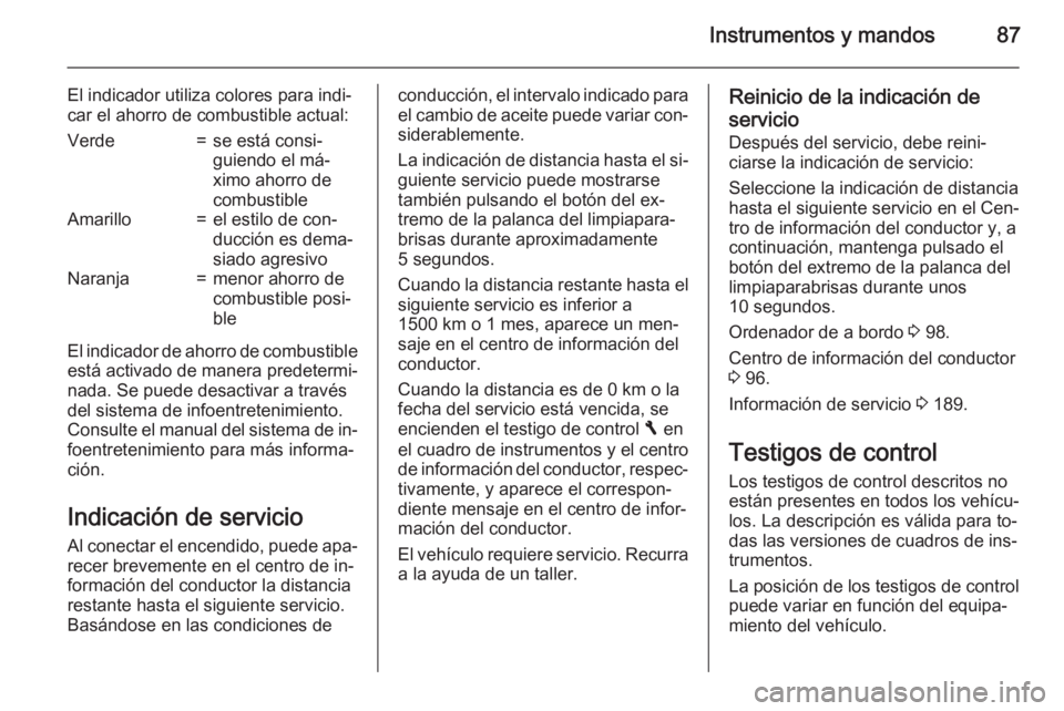 OPEL VIVARO B 2015.5 Manual de Instrucciones (in Spanish) Instrumentos y mandos87
El indicador utiliza colores para indi‐
car el ahorro de combustible actual:Verde=se está consi‐
guiendo el má‐
ximo ahorro de
combustibleAmarillo=el estilo de con‐
d OPEL VIVARO B 2015.5 Manual de Instrucciones (in Spanish) Instrumentos y mandos87
El indicador utiliza colores para indi‐
car el ahorro de combustible actual:Verde=se está consi‐
guiendo el má‐
ximo ahorro de
combustibleAmarillo=el estilo de con‐
d