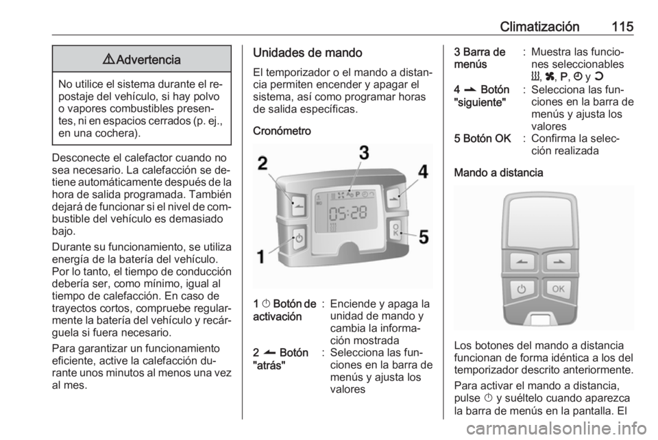 OPEL VIVARO B 2016 Manual de Instrucciones (in Spanish) Climatización1159Advertencia
No utilice el sistema durante el re‐
postaje del vehículo, si hay polvo
o vapores combustibles presen‐
tes, ni en espacios cerrados (p. ej., en una cochera).
Descone OPEL VIVARO B 2016 Manual de Instrucciones (in Spanish) Climatización1159Advertencia
No utilice el sistema durante el re‐
postaje del vehículo, si hay polvo
o vapores combustibles presen‐
tes, ni en espacios cerrados (p. ej., en una cochera).
Descone
