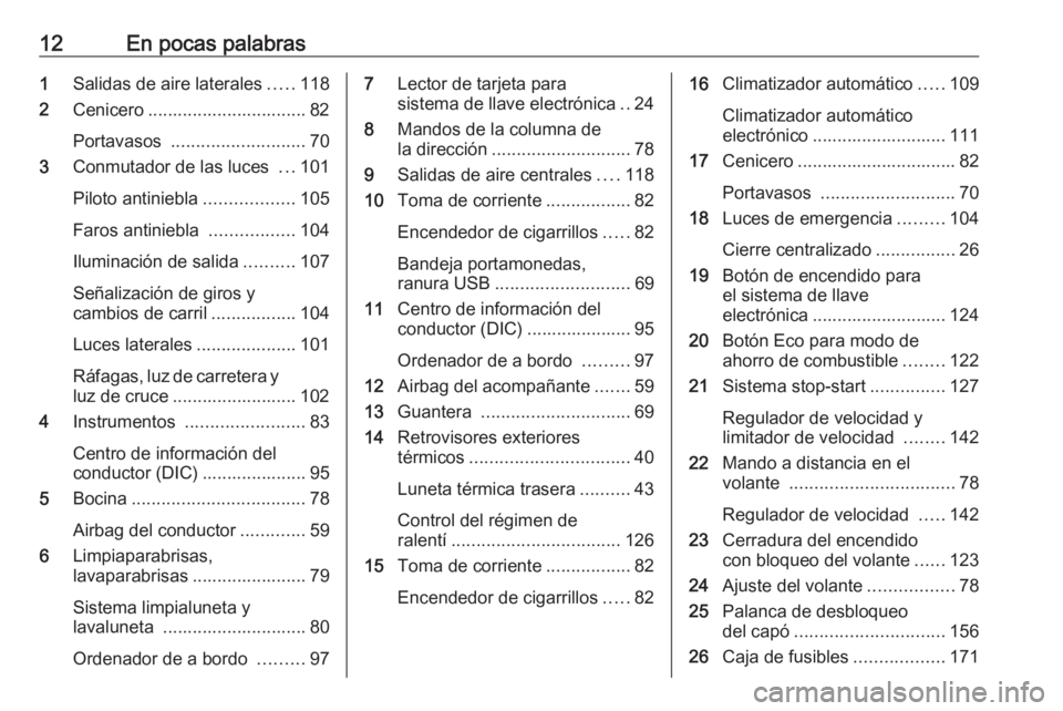 OPEL VIVARO B 2016  Manual de Instrucciones (in Spanish) 12En pocas palabras1Salidas de aire laterales .....118
2 Cenicero ................................ 82
Portavasos  ........................... 70
3 Conmutador de las luces  ...101
Piloto antiniebla ...