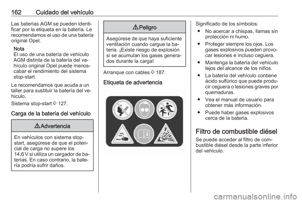OPEL VIVARO B 2016 Manual de Instrucciones (in Spanish) 162Cuidado del vehículoLas baterías AGM se pueden identi‐ficar por la etiqueta en la batería. Le
recomendamos el uso de una batería
original Opel.
Nota
El uso de una batería de vehículo
AGM di OPEL VIVARO B 2016 Manual de Instrucciones (in Spanish) 162Cuidado del vehículoLas baterías AGM se pueden identi‐ficar por la etiqueta en la batería. Le
recomendamos el uso de una batería
original Opel.
Nota
El uso de una batería de vehículo
AGM di